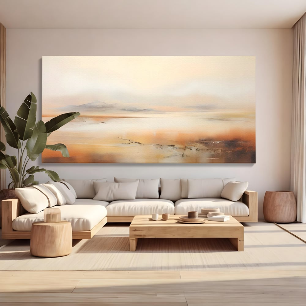 Tablou canvas cu pictura peisaj abstract cu dealuri, fara rama, pe sasiu de lemn, pe perete intr-un living